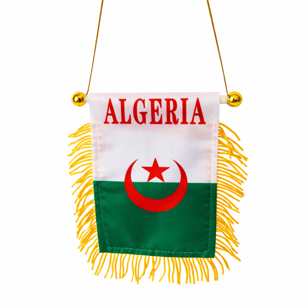 Mini Drapeau Algérien Double Face 10×14 cm – À Suspendre, Polyester avec Mât Bois