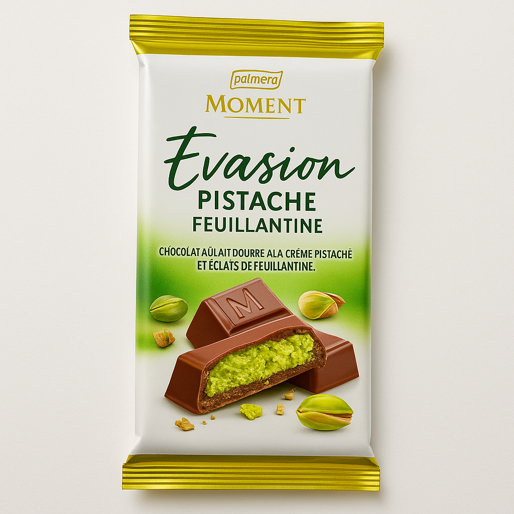 Moment Évasion – Chocolat au Lait Fourré Pistache & Feuillantine 300g – Palmary