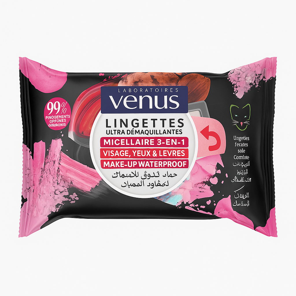 Venus Lingettes Démaquillantes Micellaires 3-en-1 – Make-Up Waterproof – 20 pcs