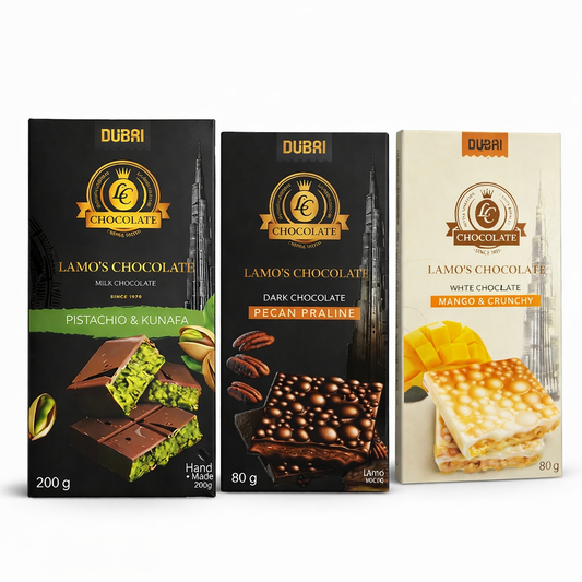 Tablettes chocolat premium Lamo’s – Pistache Kunafa, Pécan Praliné, Mangue Crunchy 80g & 200g