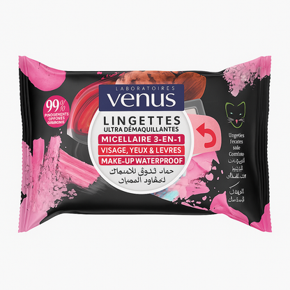 Venus Lingettes Démaquillantes Micellaires 3-en-1 – Make-Up Waterproof – 20 pcs