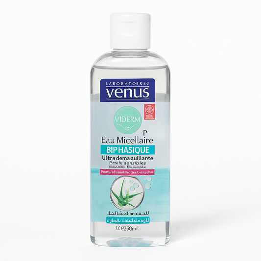 Démaquillant visage, yeux & lèvres 
Eau Micellaire Biphasique 250ml Venus
